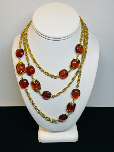 Crown Trifari Root Beer Bead and Gold Chain Necklace